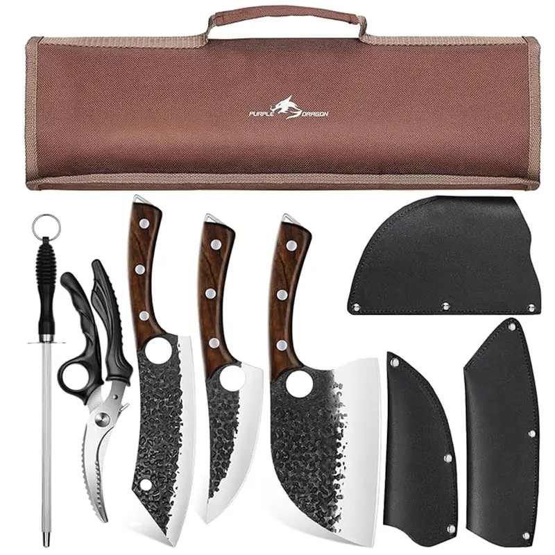 Purple Dragon 3-Piece Rustproof High Carbon Steel Hand Forged Kitchen Knife Block Set - Stonewashed & Hammer Finish, Ergonomic Handle, Finger Hole Design, Sharp Blade Edge, Portable Bag, Tough Veg & Meat Cutters for Kitchen Tasks, Camping