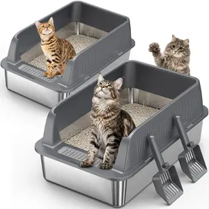 Stainless Steel Cat Litter Box Set Pack (2) - High-Sided, Odor-Free, Easy-to-Clean, Durable Trays with Hooked Scoop for Cats (Kittens & Adults)