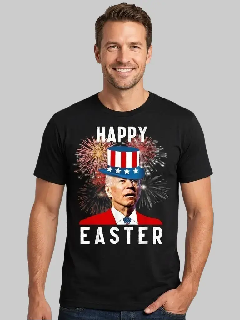 Men's Classic Crew Neck Casual Short-Sleeve T-Shirt - Machine Washable Normal Type Funny Patriotic Meme Top, "Happy Easter or 4th of July?" Joe Biden Unhinged Satire Graphic, Vintage Halloween Holiday Confusion Menswear Tee