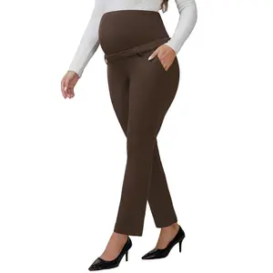 INSPIRE CHIC Women's Maternity Pants for Work Over the Belly High Waisted Office Pregnancy Trousers with Pockets X-Large Brown