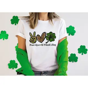 Peace Love St. Patricks Day Shirt, Shamrock leaf , Happy St. Patricks day Lucky Leopard Cheetah shamrock leaf  St. Patricks Day nurse gift