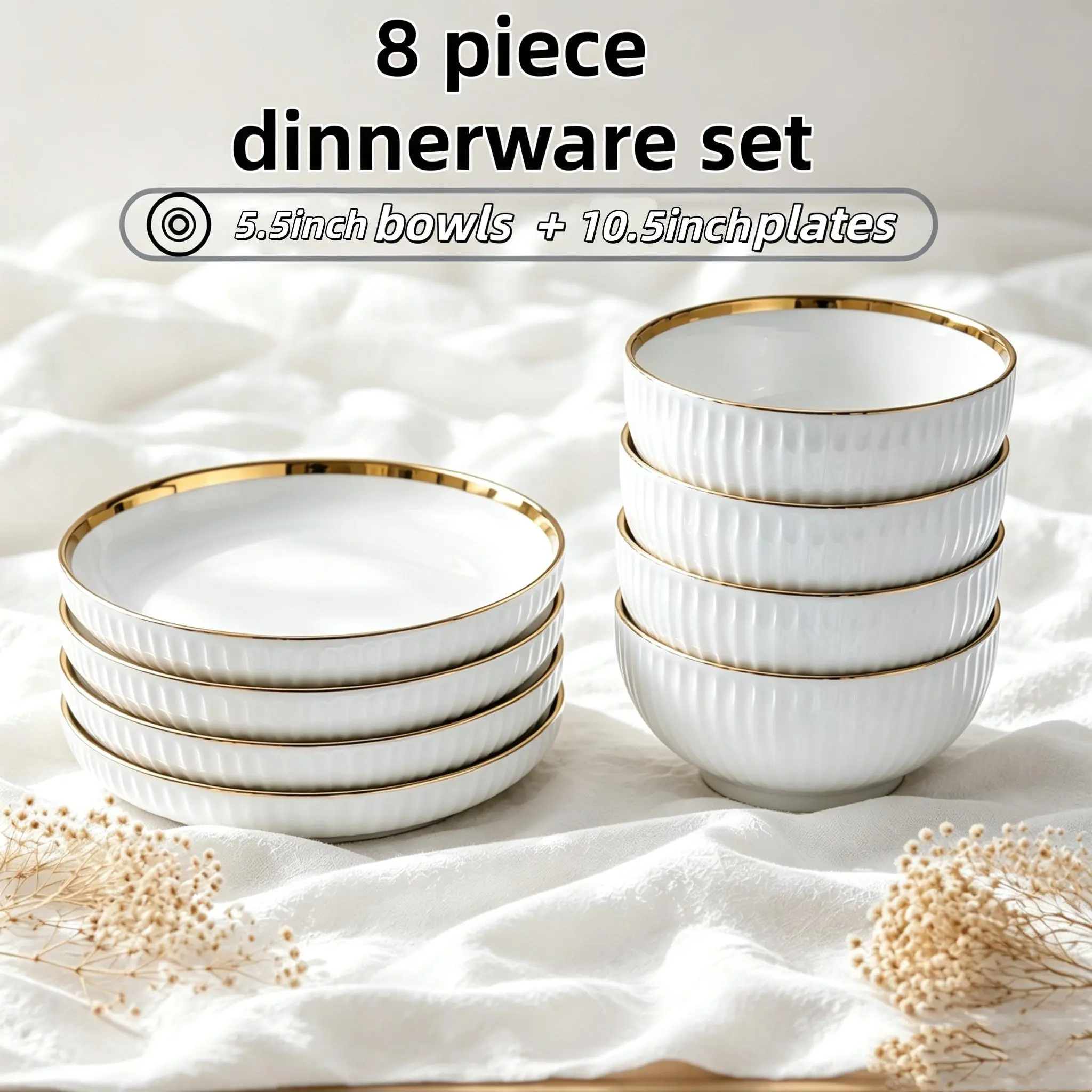 Industrial 4-Piece 10-in Thick Gold Rim Vertical Rib White Ceramic Dinner Plate Set for Adults - Letters-Ready, Lead-Free, Microwave/Fridge/Dishwasher Safe, Easy Clean, Stackable, Ideal for Home Wedding Banquet & Steak Meals