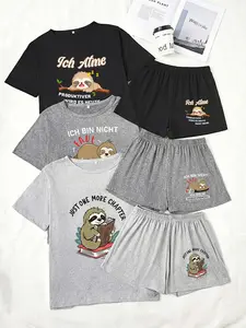 Three-Piece Cartoon Tree Squirrel Print Pajama Set for Women, Loose-Fitting Short Sleeve and Shorts Sleepwear, Casual All-Season Comfort