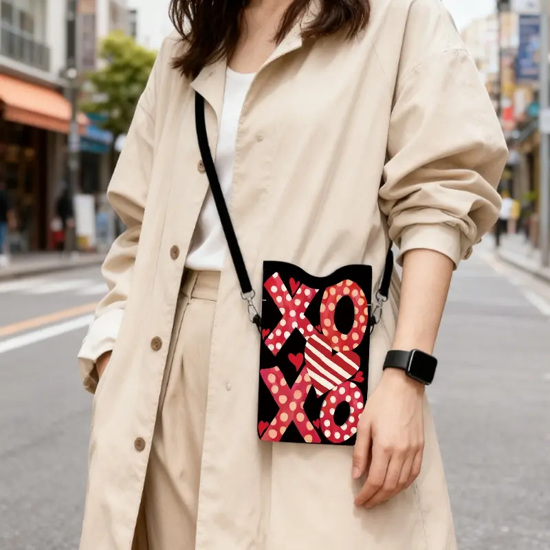 Xoxo Heart Print Faux Leather Phone Case with Adjustable Strap, Portable Phone Protection Cover, Crossbody Neck Strap Included