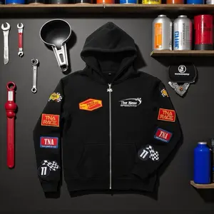 The New Racer Sweatsuit - Black Hoodie with TNA Race Patches and Zipper Closure for Men