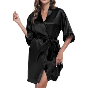 Women's Satin Robe Short Silky Bathrobes Bridesmaid Bride Wedding Party Robes Sexy Kimono Sleepwear with Pockets