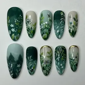Deep Forest Garden Press On Nails | Hand-painted Fern Leaf, White Wildflower & Mossy Ombre Nails