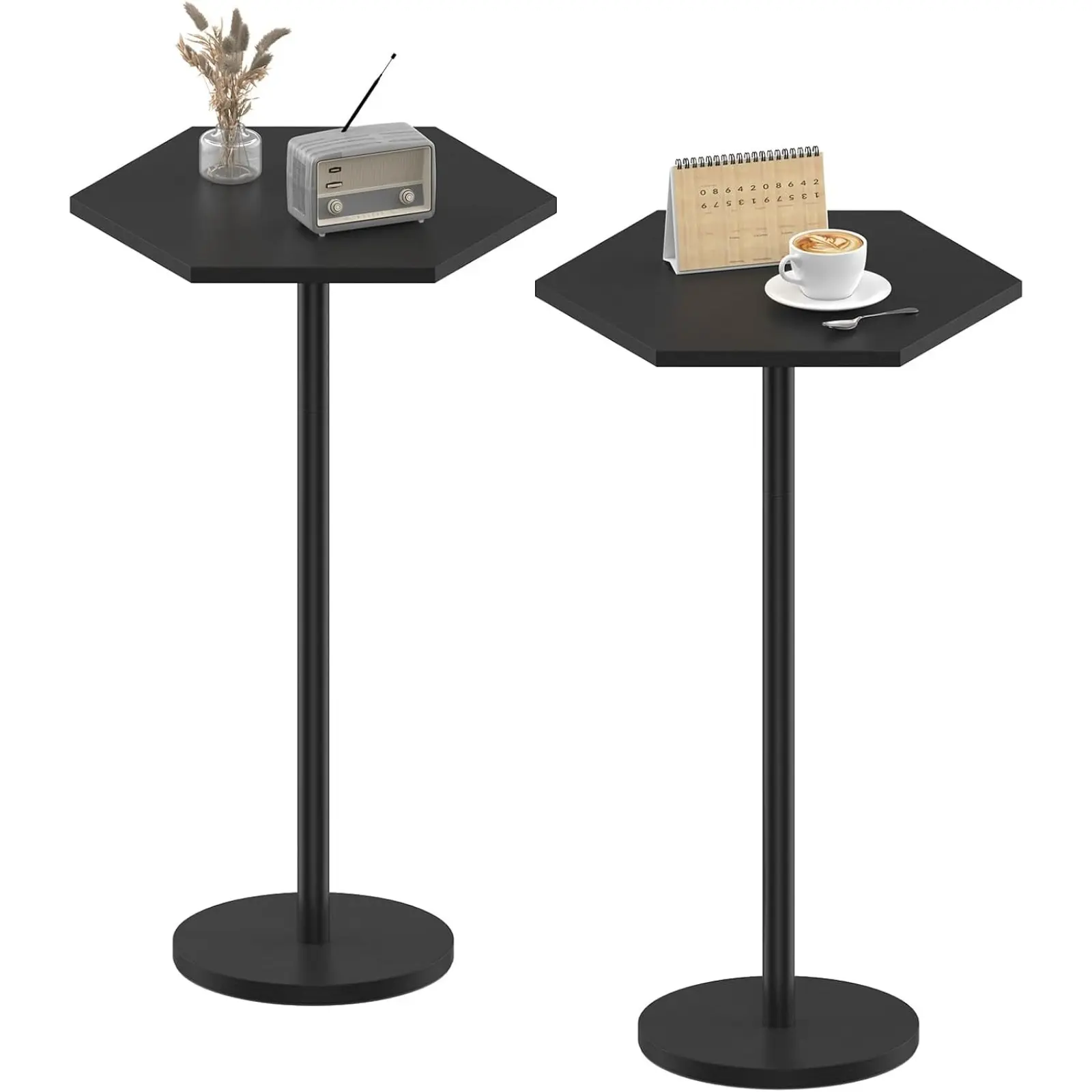 Small Pedestal Table Set of 2, Drink Table for Small Spaces, Hexagon Pedestal Coffee End Table, for Living Room Bedroom Patio