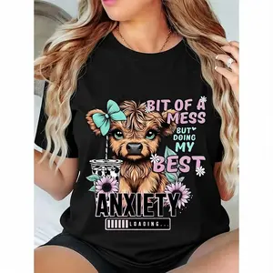 Plus Size Highland Cow Women's Tshirt Casual Chic Round Neck Short Sleeve Cotton Fabric for Daily Wear Seasonal Fashion Comfortable Fit Streetwear Top