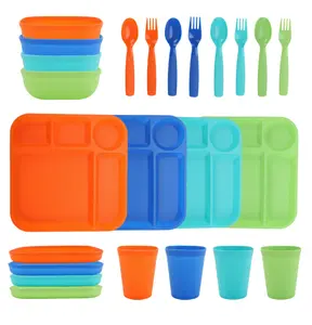 24-Piece Plastic Square Dinnerware Set with Bowls, Plates, Cups, Forks, Spoons in Orange, Blue, Aqua, Green