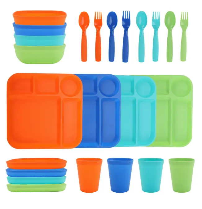 24-Piece Plastic Square Dinnerware Set with Bowls, Plates, Cups, Forks, Spoons in Orange, Blue, Aqua, Green