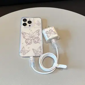 5 Piece Set Space Transparent Metal Butterfly Phone Case Pattern, Charger Head Cover, Cable Protector, Storage Rope, Anti-Drop Tpu Case, Accessories