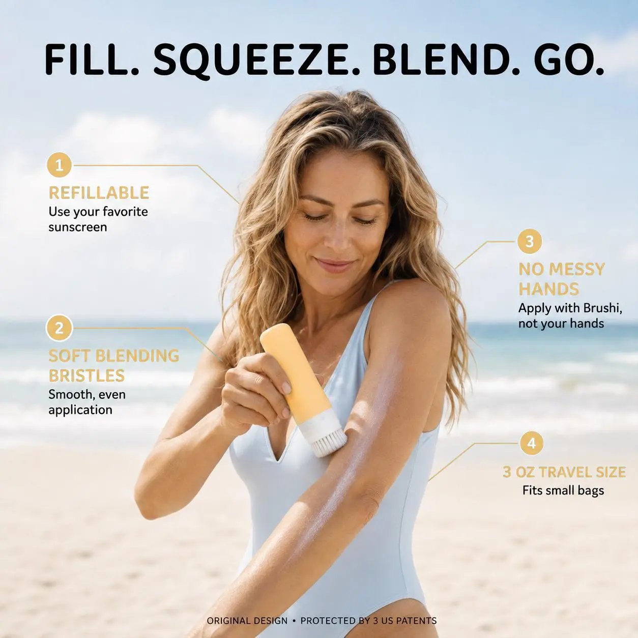 BRUSHI Refillable Sunscreen Applicator with Soft Blending Brush,  3oz BPA-Free, Mess-Free Application, Patent Protected (US117824302B1)