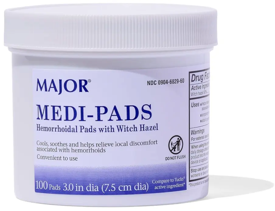 MAJOR Medi-Pads - Hemorrhoidal Hygienic Cleansing Witch Hazel Pads - Cooling Relief with Aloe - 100 Count Jar (1 Pack)