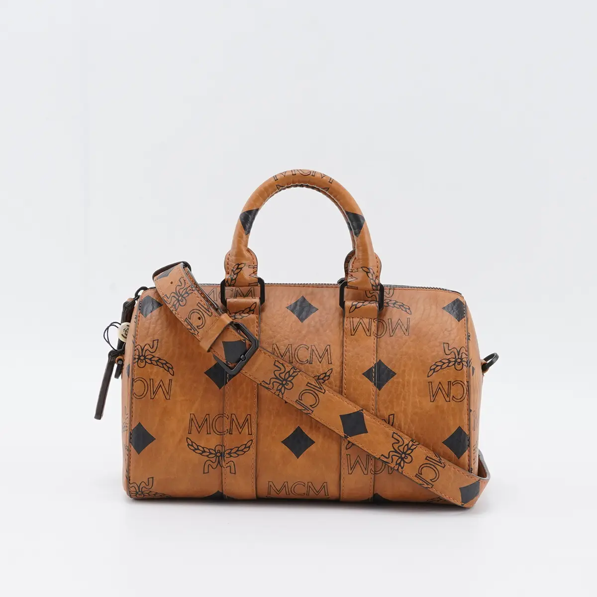 Pre-owned MCM Leather Crossbody Bags Visetos Small Aren Boston Bag Cognac BGP204437