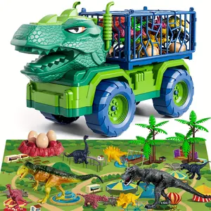 T-Rex Dinosaur Truck Toys with 8 Dinosaurs, Push-Button Moving Truck & Activity Play Mat - Storable Dino Eggs, Trees & Jurassic-Themed Plastic for Boys Ages 3-6, Motor Skills Development Toy (Green T-Rex Truck)