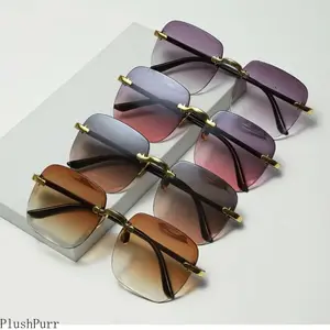 4 Pcs Geometric Pattern Rimless Retro Sunglasses, Summer Hiking Casual Gradient Tinted Shades, UV400 Protection Eyewear for Men Women