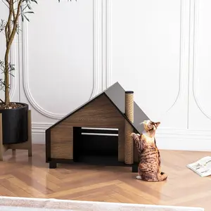 Wooden Cat House Outdoor Indoor, Durable Pet House for Cats, Indoor Cat Lodge, Cat House with Air Vents, Easy Clean and Assemble, Modern Style Cottage Look, Black Walnut