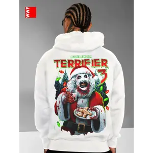 1pc Terrifier 3 Graphic Hoodie for Men - Cotton Blend, Long Sleeve, Regular Fit, Street Style, Digital Print, Casual Pullover with Kangaroo Pocket, Ideal Christmas Gift