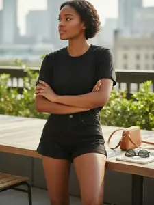 Women's High-Waisted Distressed Black Denim Shorts with Cuffed Hem