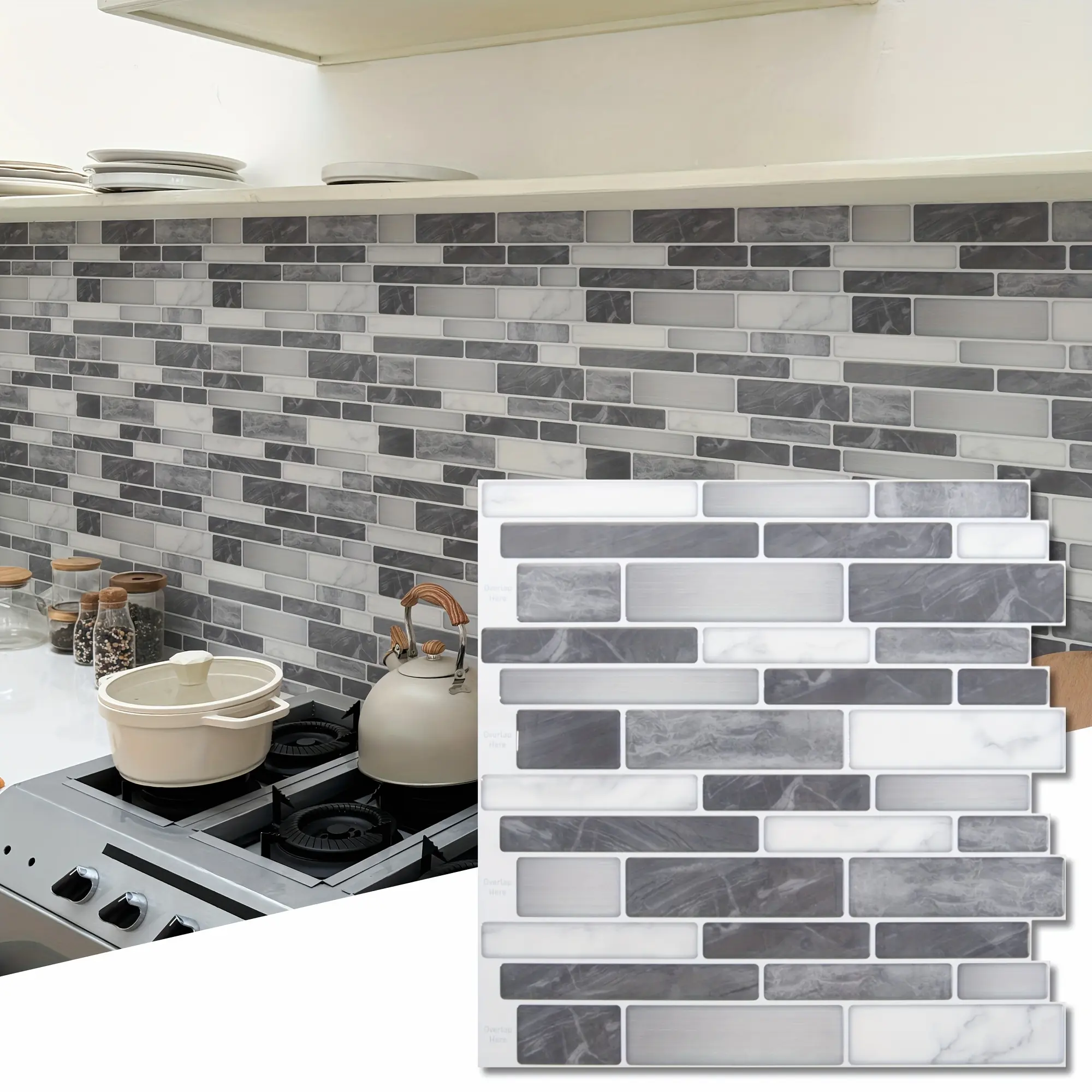 10 Peel & Stick Backsplash Tiles, 12 "x12" Self-Adhesive Marble Gray Wall Tiles For Kitchens & Baths