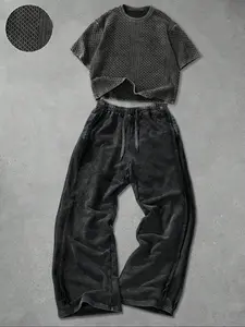 Men's Young Street Style Cotton Short Sleeve T-Shirt & Pants Set, Comfortable Fit, Fashion Design, Daily Wear, Wind