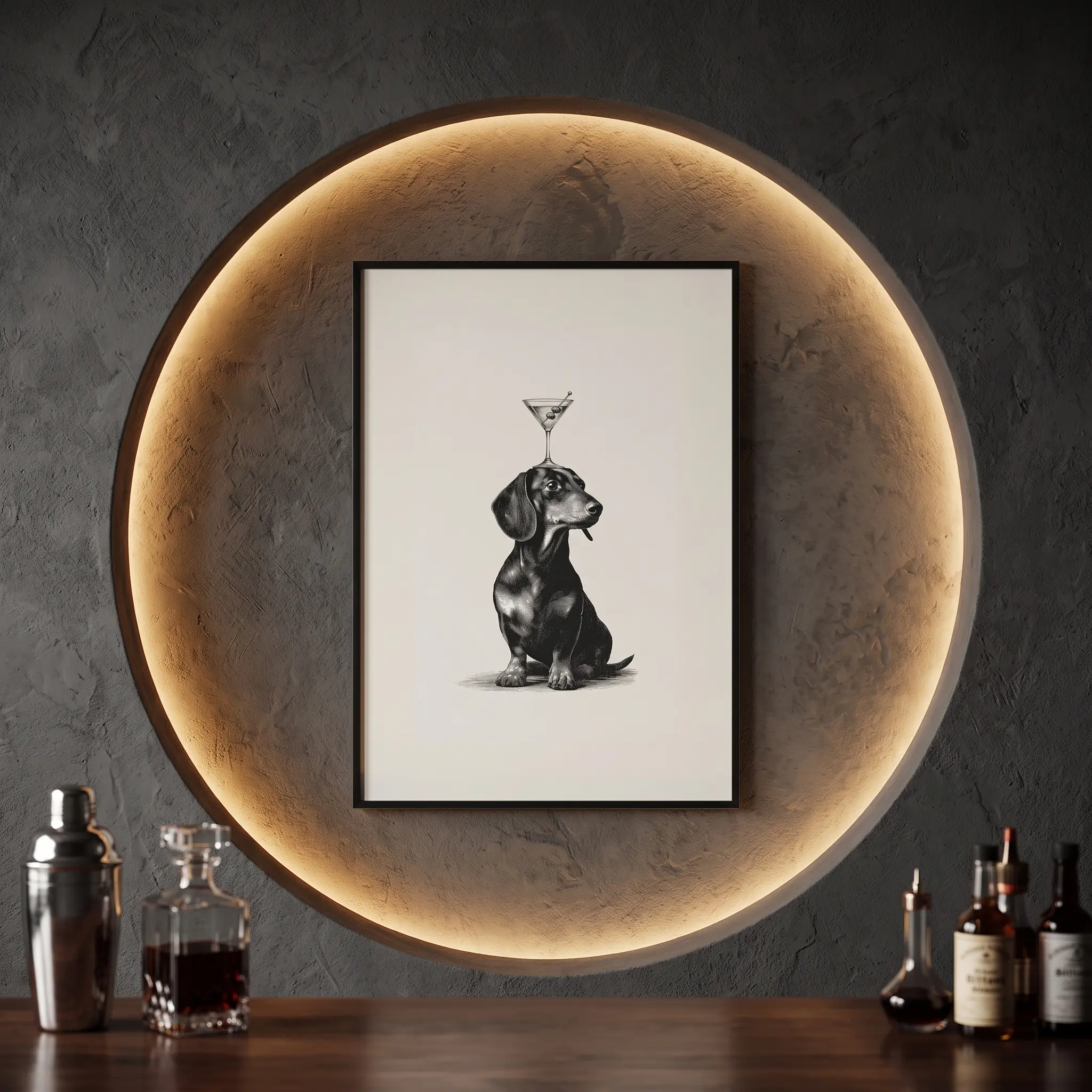 Vintage Dachshund Cocktail Art Print - Retro Dog Themed Bar Cart Wall Decor, Rustic Animal Portrait Poster for Living Room Kitchen Home Bar