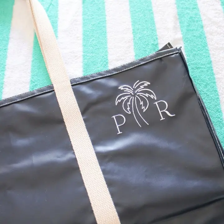 ShoreBags Big Sur Vinyl Beach Tote - Personalized Monogrammed Water-Resistant Zipper Closure 22x14x8 inch Durable Cotton Handles & Interior Pocket