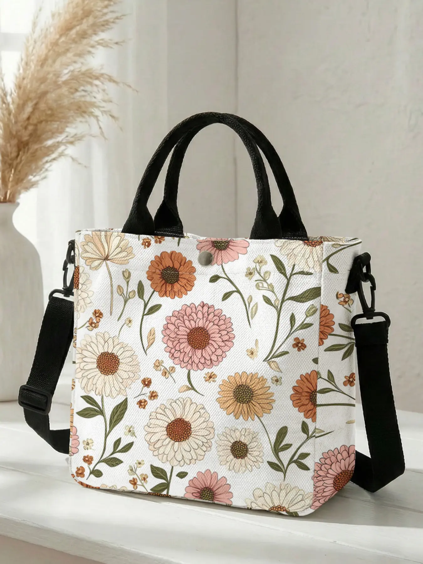1 piece of 2D printed Casual crossbody bag with a daisy floral pattern, adjustable shoulder strap and snap closure, Crossbody Shoulder Purses, students/workforce/street outings