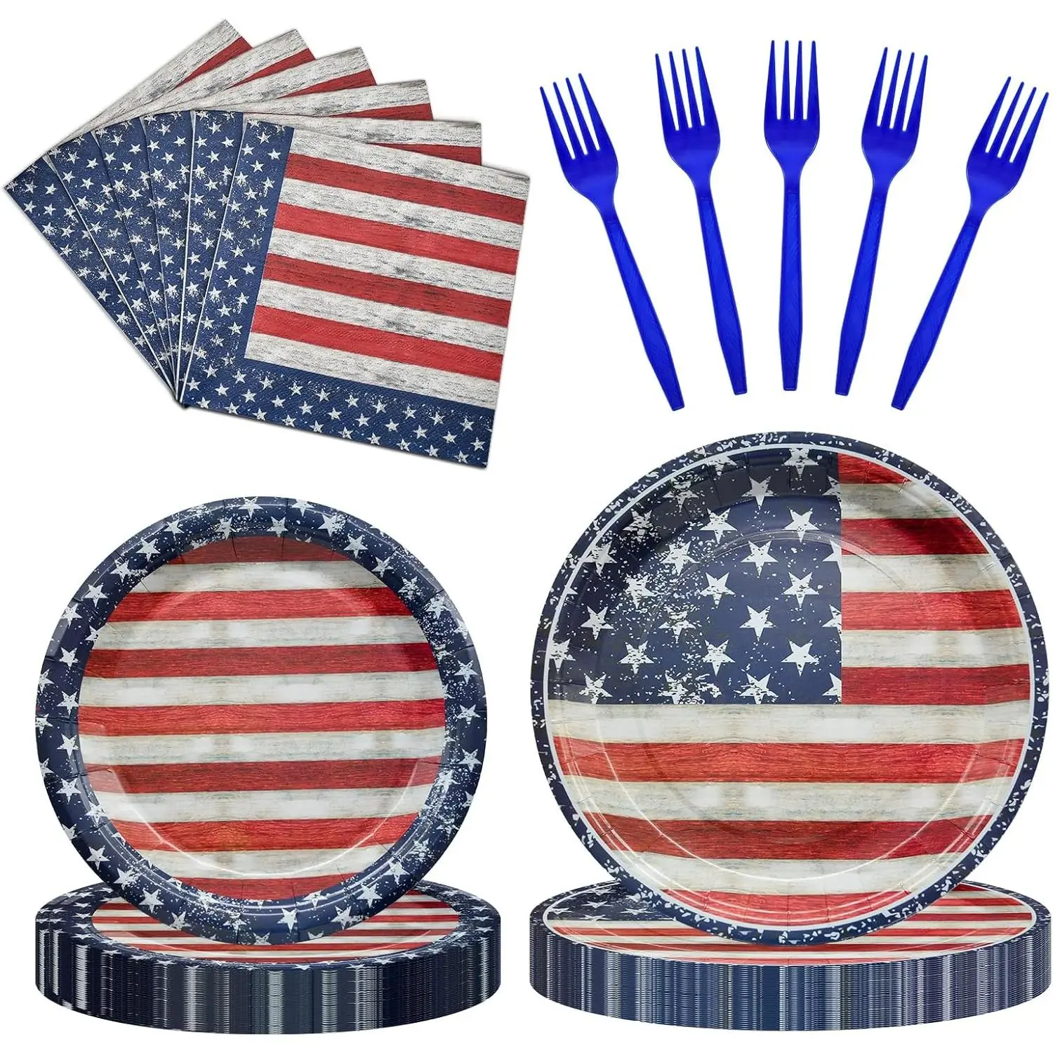 96-Piece Patriotic Disposable Tableware Pack - American Flag Stripes & Patriotic Stars Plastic Set with Paper Plates, Leak-Proof Napkins, Forks for July 4th, Memorial Day BBQ Supplies
