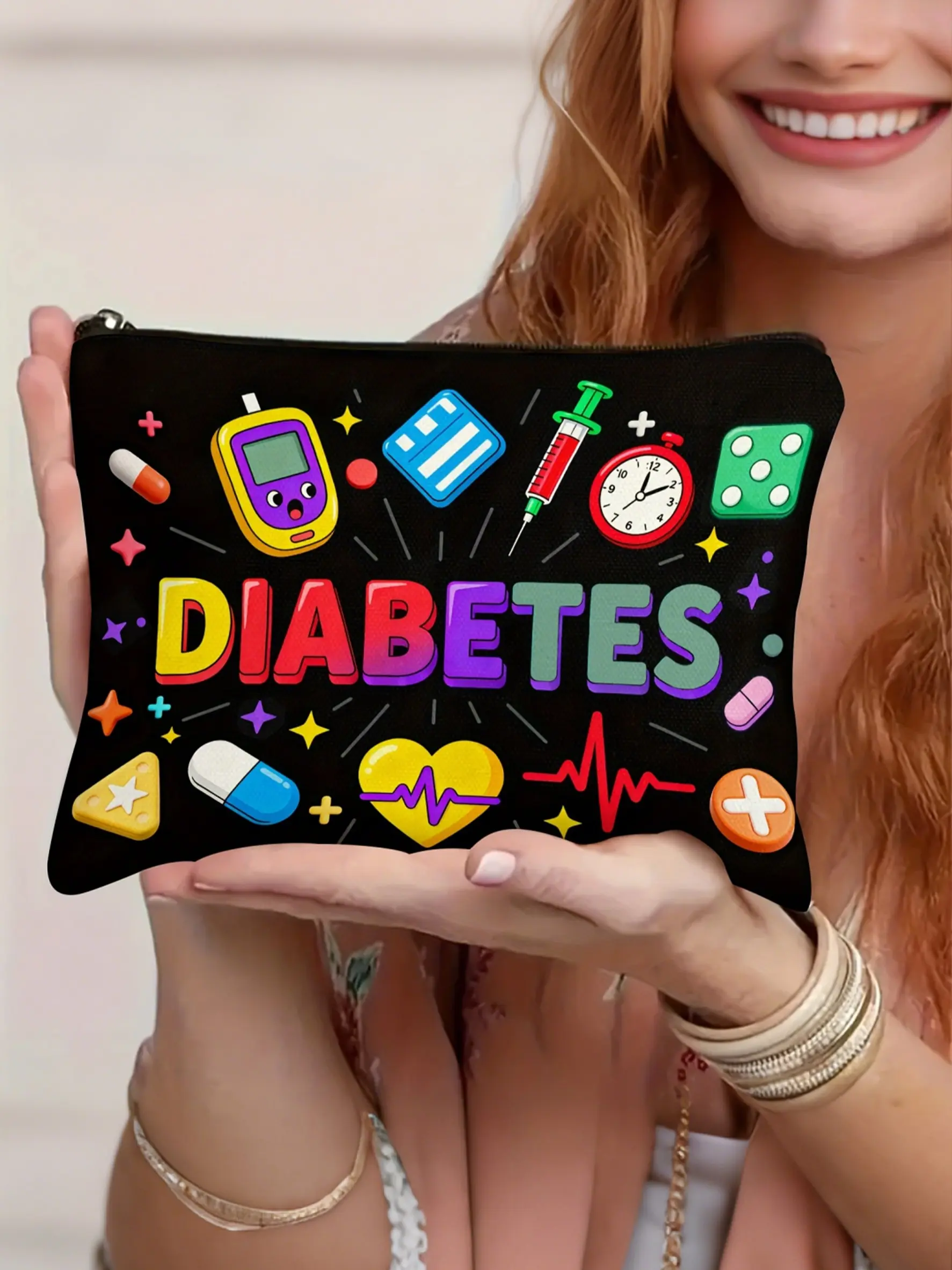 Insulin and Drug Icon Diabetes Storage Bag, Portable Foldable Lightweight Compact Storage Zipper Pouch Organiser, Blood Glucose Meter Accessory Box, Travel Friendly, Travel Organization Pouch, Portable Travel Organizer, Travel Zipper Pouches