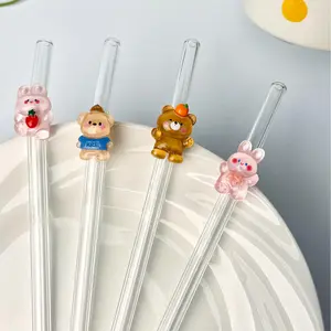 Cartoon Rabbit Bear Glass Straws Set, Transparent Drinking Straws for Cold Drinks, Coffee, Juice, Parties, Holidays, Gifts, Beverage Utensil
