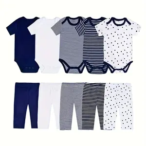 JY.COZY FOR BABY Unisex 10-Piece Baby Boy Girl Clothes Cute Onesie Set Navy Blue Cotton 5 Short-Sleeve Rompers 5 Pants Soft Breathable Comfortable for Newborns Gift Sets Snaps