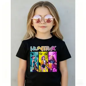 Kpop Hunter Girl Group Cool Girls Portrait Print Short Sleeve Funny Graphic Printed Tee, Comfortable Soft Fabric, Casual Sportswear for Girls, Perfect Gift