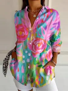 【Plus Size】 All Over Print Shirt, Casual Breathable Comfortable Long Sleeve Top for Daily Holiday Vacation Wear, Women's Clothes for Spring & Fall