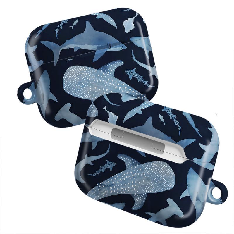 Whale Shark & Ocean Shark AirPods Case – Navy/White Watercolor Sea Life Cover – AirPods Pro/Pro 2, AirPods 1/2/3/4 Case – Nautical Gift for Him & Her