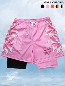 Men's Colorblock & Cartoon Print Drawstring Waist 2 in 1 Sports Shorts, Streetwear Sports Shorts, Gym Shorts, Athletic Shorts, Regular Fit Sporty Pocket Quick Drying Breathable Track Bottoms, Men's Sports Clothes for Summer