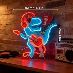 LED Neon Dinosaur, Dinosaur Rock Music Neon Lights, Electric Guitar, LED Adjustable Decor, Perfect for Gamers' Bedrooms, Offices, or Parties, Pop Art Style