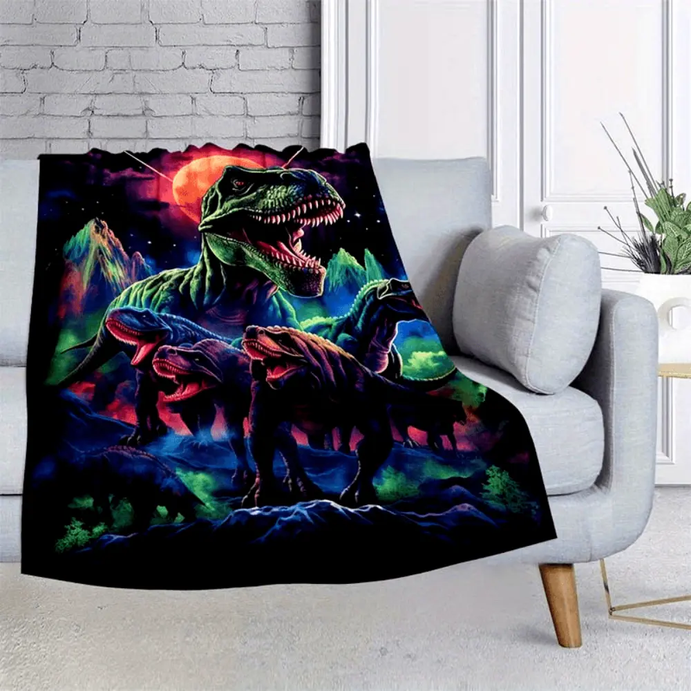 1pc Cyberpunk Look Dinosaur Flannel Throw Blanket - Lightweight, Soft, Warm 1-Piece Digital Printing Fleece Blanket for Home & Office (Sofa, Bed, Couch) [Animals/Insects/Dinosaurs Category]