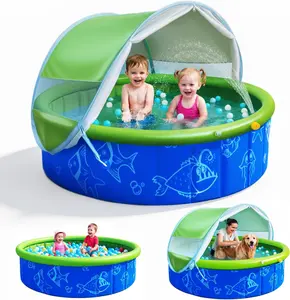 Foldable 47In Kiddie Pool with Canopy, Comes with 20 Ocean Balls - Portable Summer Water Play Pool with Sprinkler & Shade for Baby Toddler Kids, Ideal for Outdoor Backyard Beach, Blue & Green