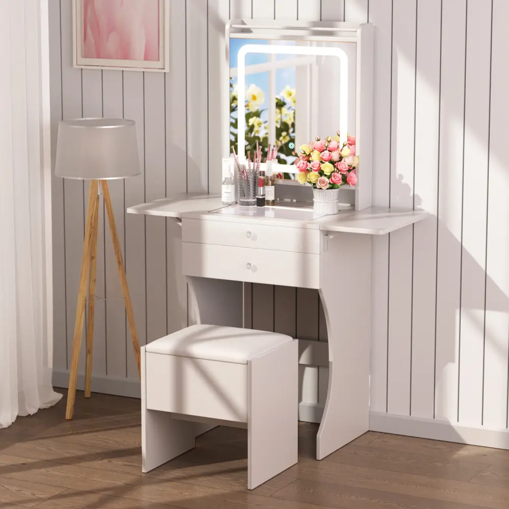 Lighted Vanity Desk with Upholstered Stool, Vanity with Lights, 20cm Foldable Left & Right Side Tables, Compartmentalized Drawers, White Freestanding Makeup Dressing Table for Small Bedrooms Indoor Furniture