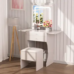 LED Vanity Set for Small Bedrooms - Small Space Makeup Vanity with Stool, Compartmentalized Drawers  20cm Foldable Side Tables (Left and Right)