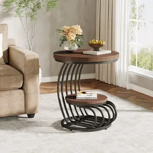 LITTLE TREE Round End Table, 2-Tier Farmhose Wood Side Table with Shelf Storage, Small Sofa Side Bedside Nightstand, Arc-Shaped Frame Accent Furniture for Living Room, Rustic Brown