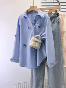 Fashion Casual Butterfly Decoration Lapel Long Sleeve Shirt, Stylish Basic Top for Everyday Wear, Comfortable and Trendy Design