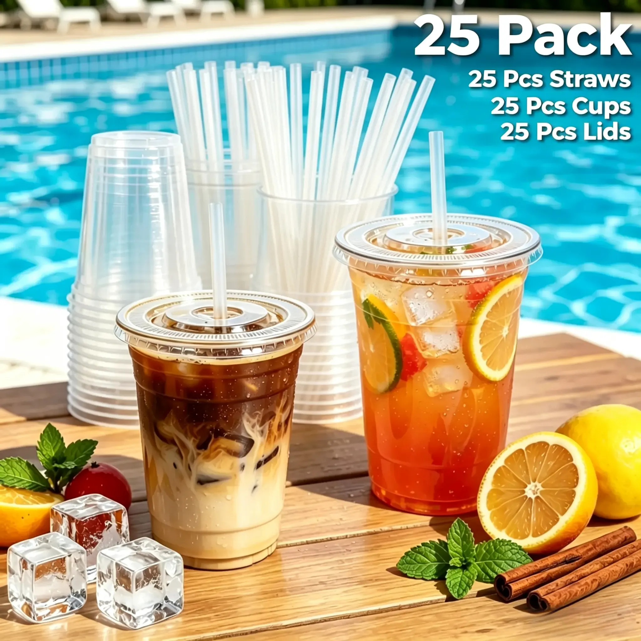 25-Pack 24oz Disposable Transparent BPA-Free Plastic Iced Coffee Cups with Lids and Straws - Sturdy Kitchen Drinkware for Parties, Camping - Home & Festive Supplies, summerwins, beachessentials, campingessentials