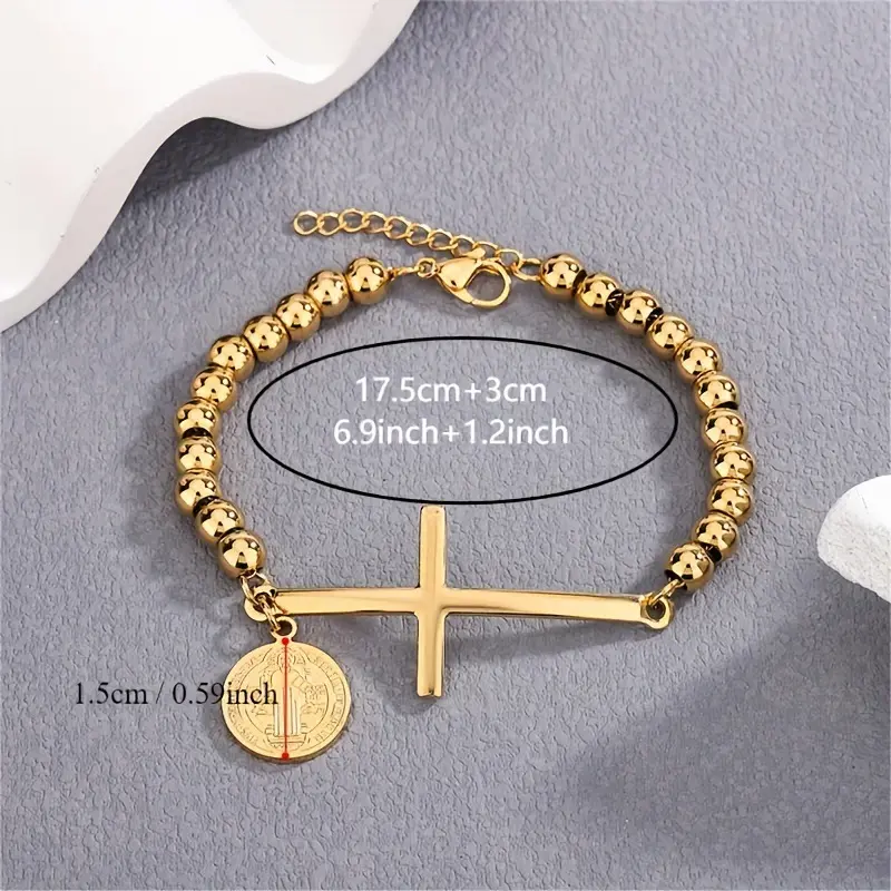 Cross and Flat Round with Saint Benedict Steel Bracelets Round Beads Bracelets for Men and Women