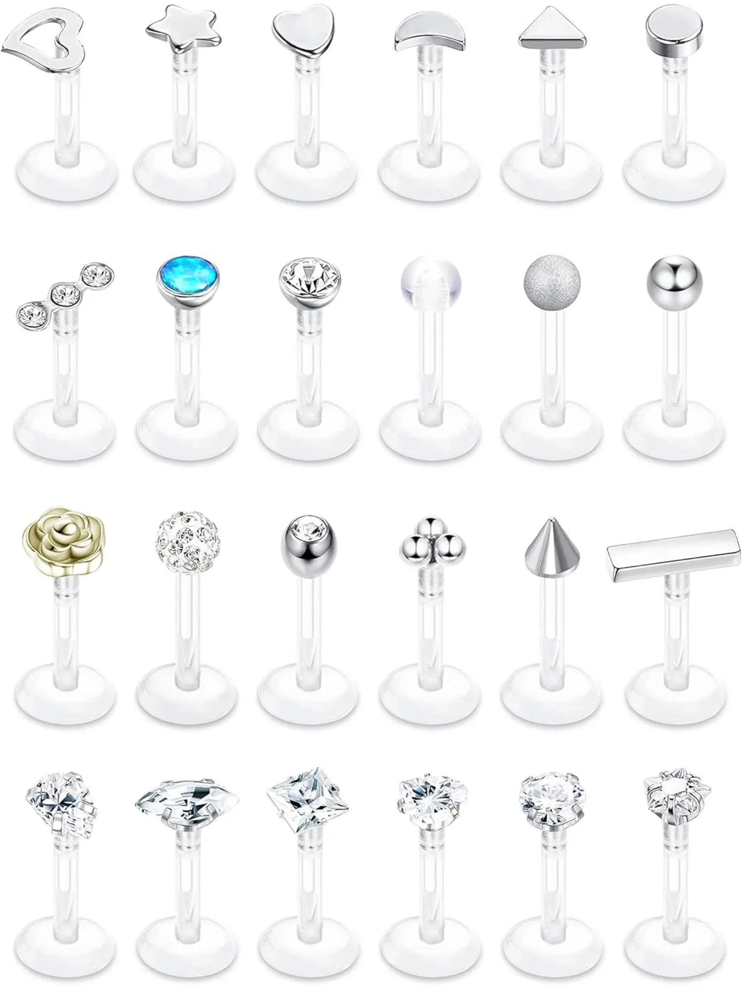 24Pcs Medusa Lip Piercing Jewellery 16G Labret Studs Plastic Clear Acrylic Tragus Helix Cartilage Conch Earrings Bioflex Jewellery Lip Bars Push in Nose Stud Piercing Retainers Flat Pierced Jewelry Flat Back Side Labret Jewelry