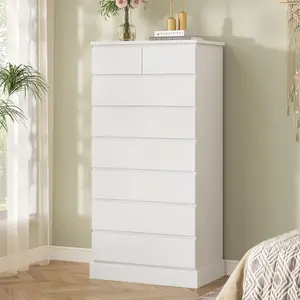 SIKAIC Modern White Tall Dresser for Bedroom, 59.6 Inch High 8 Drawers Minimalist Vertical Chest Tower, Easy to Assemble Wood Clothes Organizer