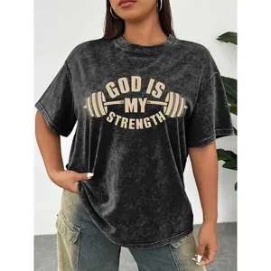 Retro Styled Washed Cotton T Shirt Featuring The Religious Affirmation God Is My Strength And Barbell Artwork