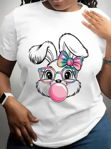 Plus Size, Women' Plus Size Easter Bunny Blowing Bubble Gum Full-Body Print T-Shirt with Pink Bow & Glasses - Short Sleeve Crew Neck Spring Summer Outfit, Easter Egg Hunt Costume, Family Attire, Machine Washable Casual Holiday Wear
